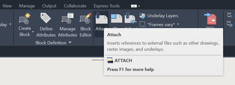 La pestaña Insertar de AutoCAD con el botón Attach señalado y su
                explicación desplegada: inserta referencias a archivos externos como
                otros dibujos, imágenes y subyacentes.