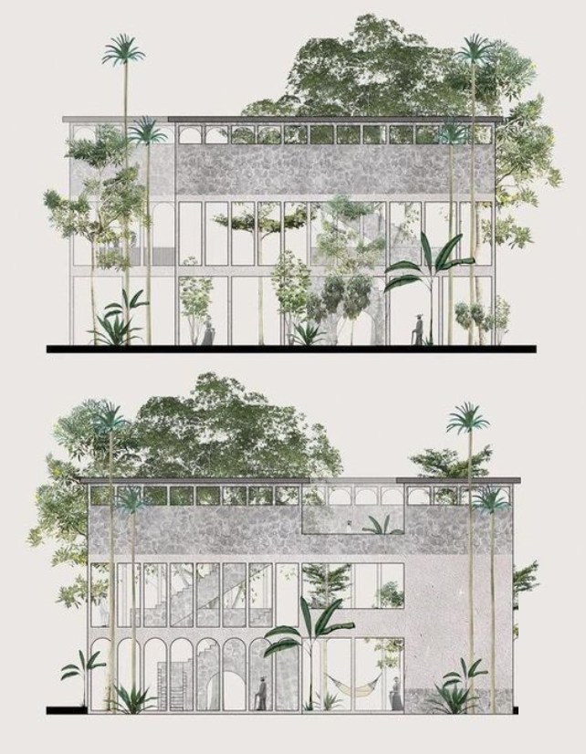 Dos alzados de una casa de hormigón visto entre vegetación tropical:
                  palmeras y árboles delante y dentro del edificio, y personas
                  diminutas en las galerías.