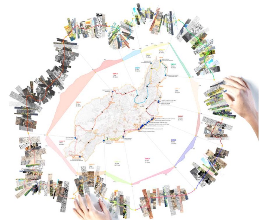Lámina circular: en el centro, el mapa de un territorio con un
                recorrido dividido en doce etapas, cada una con sus kilómetros y su
                tiempo; alrededor, en corona, las fotografías de cada tramo cosidas
                en tiras verticales. Dos manos sujetan la lámina por las esquinas.