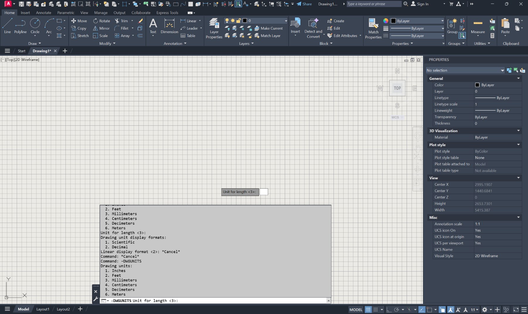 Pantalla de AutoCAD con la línea de órdenes abierta: se ha teclado
                -DWGUNITS y aparece la lista de unidades de dibujo —1 pulgadas,
                2 pies, 3 milímetros, 4 centímetros, 5 decímetros, 6 metros— y la
                pregunta «Unit for length», con el 3 como respuesta por defecto.