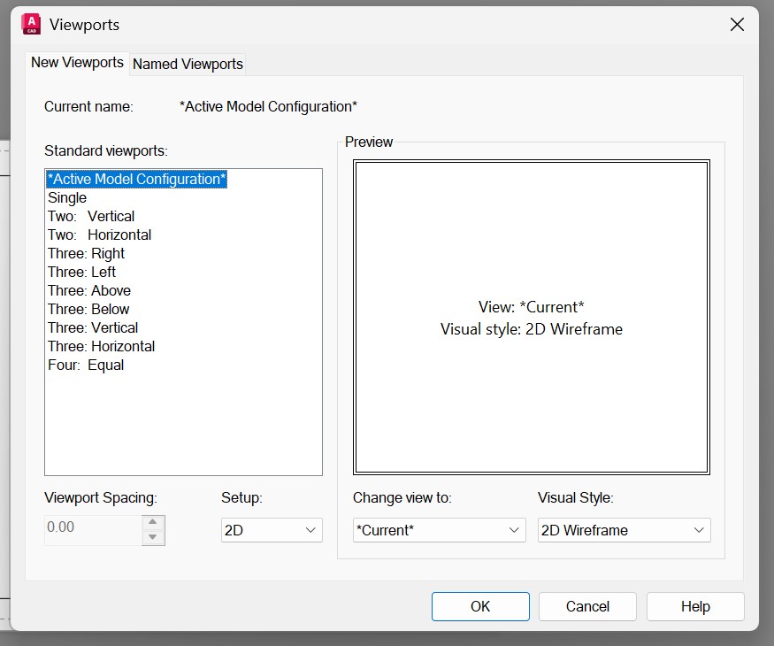 El cuadro Viewports de AutoCAD, pestaña New Viewports: la lista de
                reparto de ventanas —una sola, dos verticales, dos horizontales,
                tres, cuatro iguales— y la previsualización al lado.