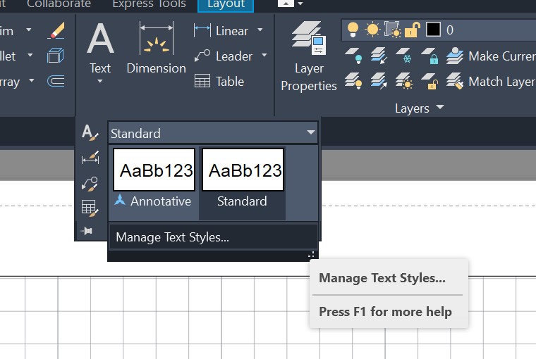 El panel de anotación de la pestaña Inicio con la lista de estilos de
                texto desplegada: Annotative y Standard, los dos con la muestra
                AaBb123, y debajo la opción «Manage Text Styles…».