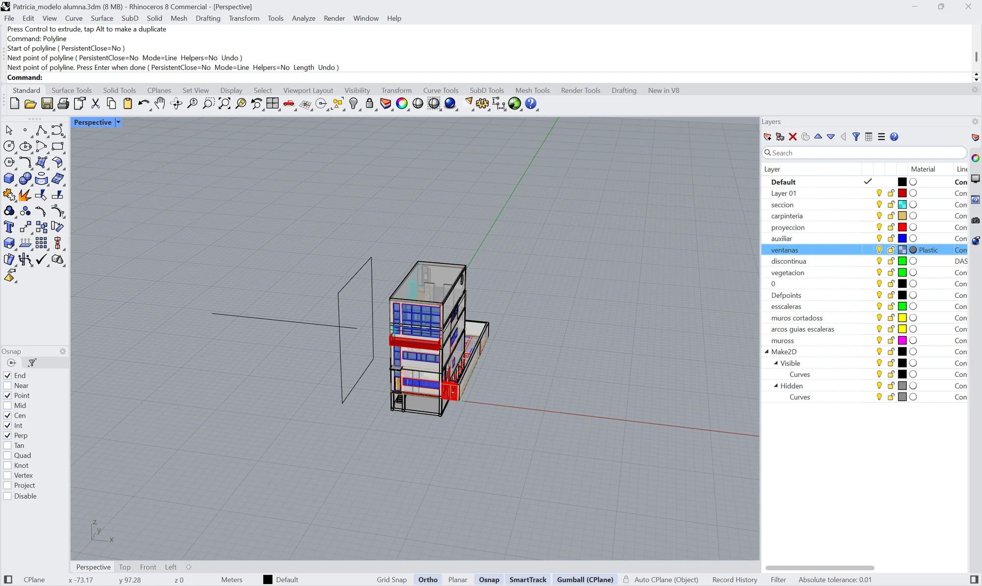 Rhino en perspectiva: la casa y, delante, un rectángulo
                  vertical y una línea horizontal que sale de él. En la línea
                  de órdenes, «Command: Polyline».