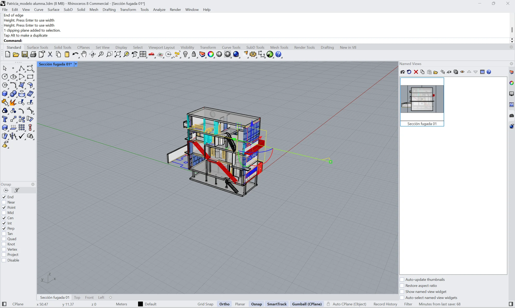 La casa cortada en perspectiva: se ven por dentro los forjados, las escaleras rojas y los muebles. El plano de corte está seleccionado, con el Gumball encima.