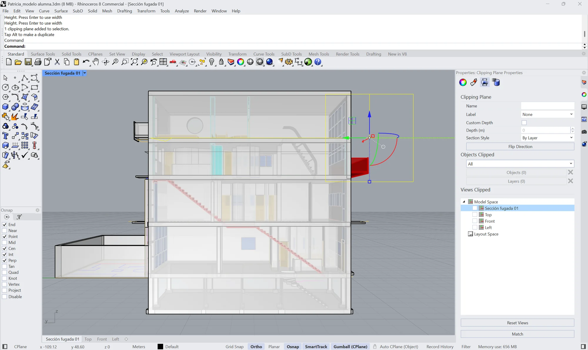 La misma vista con el plano seleccionado y, a la derecha, el panel de propiedades del plano: Clipping Plane, Objects Clipped y, abajo, Views Clipped con la lista de vistas — Sección fugada 01, Top, Front y Left — y sus casillas, todas sin marcar.