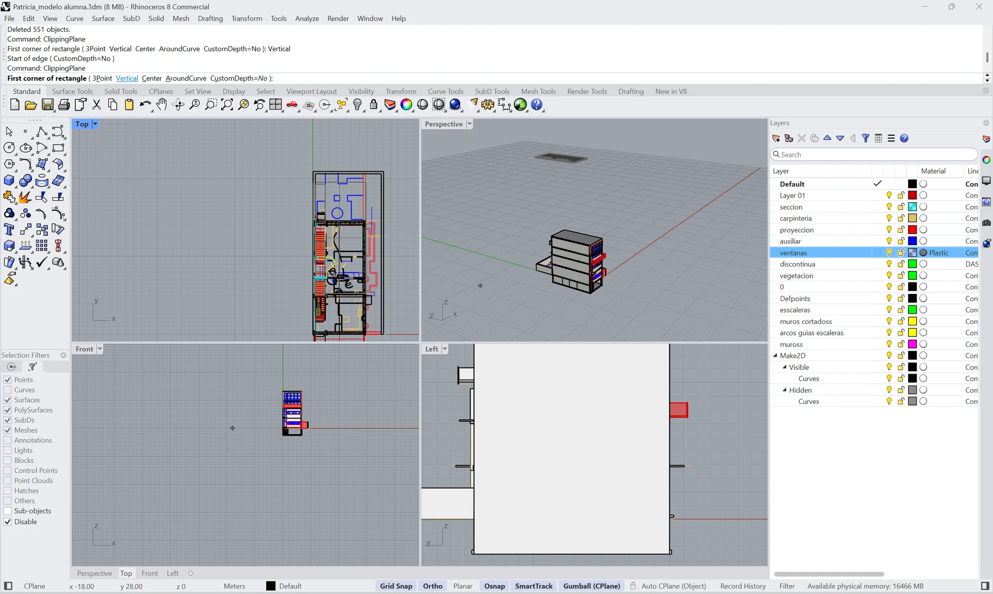 Las cuatro vistas de Rhino: Top con la planta de la casa,
                Perspective, Front y Left. En la línea de órdenes, «First
                corner of rectangle ( 3Point Vertical Center AroundCurve
                CustomDepth=No ): Vertical».