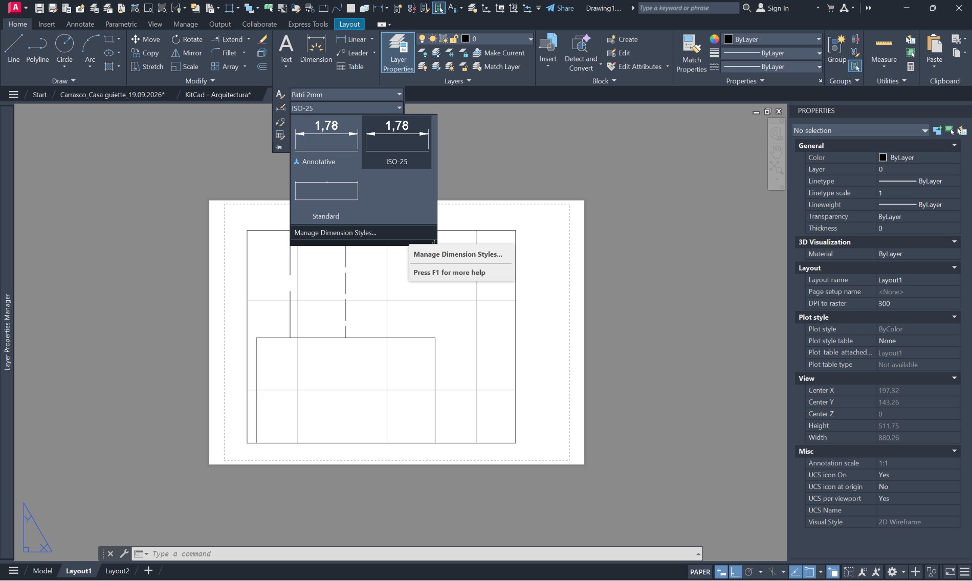 El panel de anotación de AutoCAD con dos desplegables: arriba el
                estilo de texto, «Patri 2mm», y debajo el de cota, «ISO-25», con la
                lista abierta enseñando Annotative, ISO-25 y Standard —cada uno con
                su muestra de cota acotando 1,78— y al final la opción Manage
                Dimension Styles…