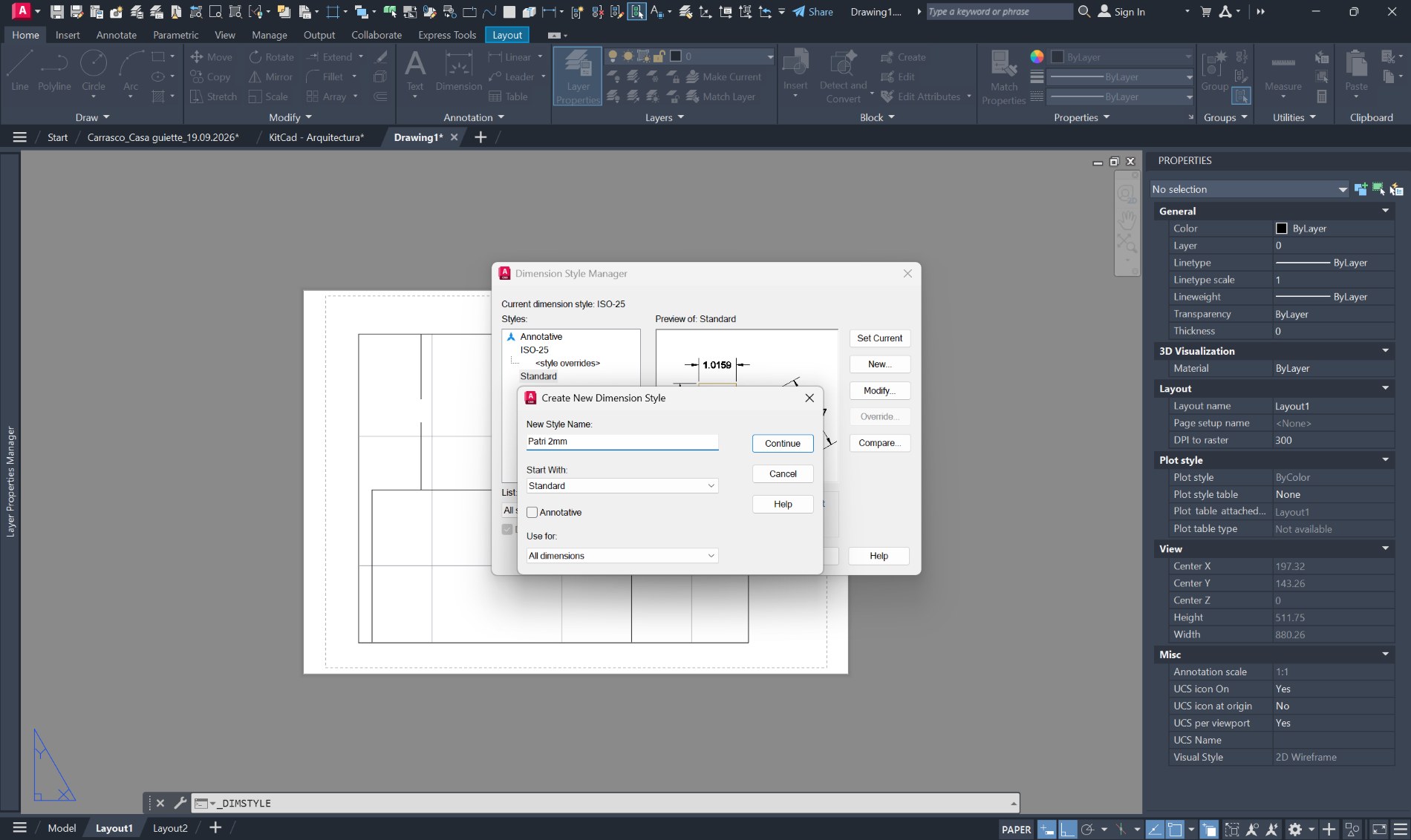 El cuadro Create New Dimension Style abierto sobre el anterior: el
                nombre del nuevo estilo, «Patri 2mm», el estilo del que parte,
                «Standard», la casilla Annotative sin marcar y, abajo, «Use for:
                All dimensions». Detrás asoma el botón New… del cuadro anterior,
                señalado con un recuadro amarillo.