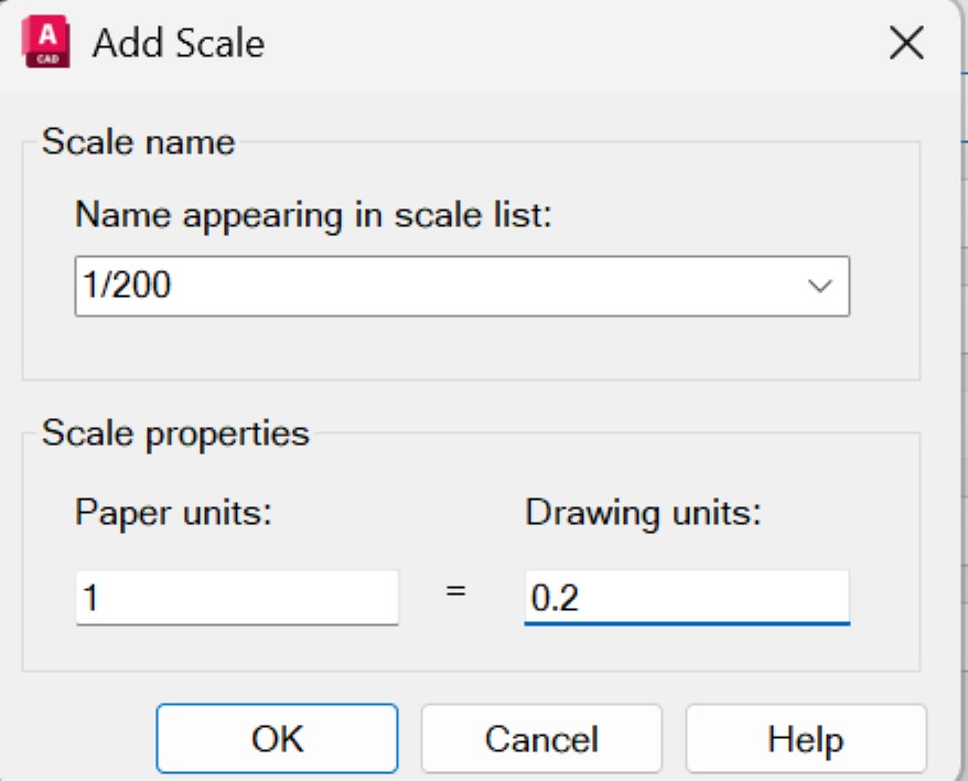 El cuadro Add Scale con el nombre 1/200 y, debajo, 1 unidad de
                  papel igual a 0,2 unidades de dibujo.