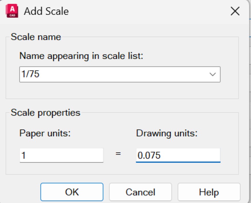 El cuadro Add Scale con el nombre 1/75 y, debajo, 1 unidad de
                  papel igual a 0,075 unidades de dibujo.