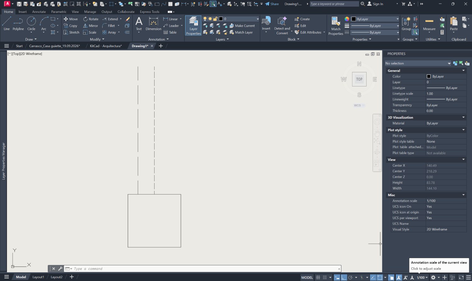 AutoCAD en el espacio modelo: la pestaña Model activa abajo a la
                  izquierda y la escala 1/100 abajo a la derecha, las dos señaladas
                  con un recuadro amarillo.