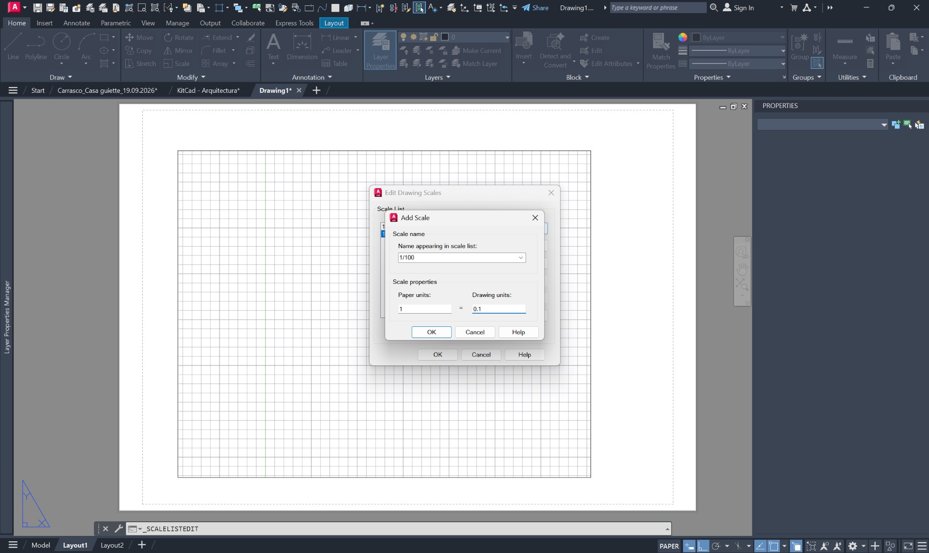 El cuadro Add Scale abierto encima del de Edit Drawing Scales: arriba
                el nombre que aparecerá en la lista, 1/100, y debajo las propiedades
                de la escala —Paper units 1 igual a Drawing units 0,1—.