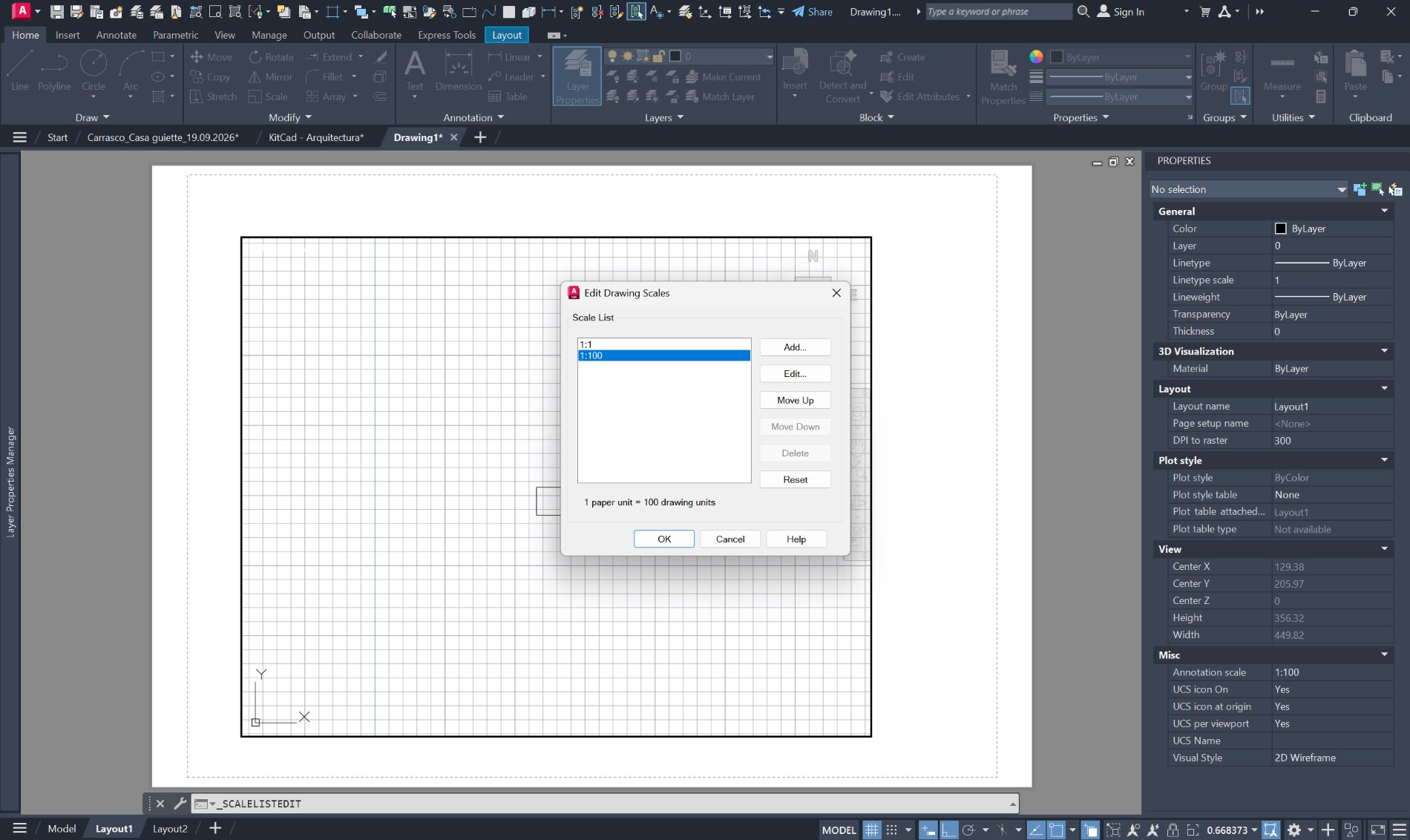 El cuadro Edit Drawing Scales de AutoCAD, abierto sobre el espacio papel: la
                lista de escalas del archivo con 1:1 y 1:100, la 1:100 seleccionada,
                los botones Add, Edit, Move Up, Move Down, Delete y Reset a la
                derecha, y abajo la línea «1 paper unit = 100 drawing units».