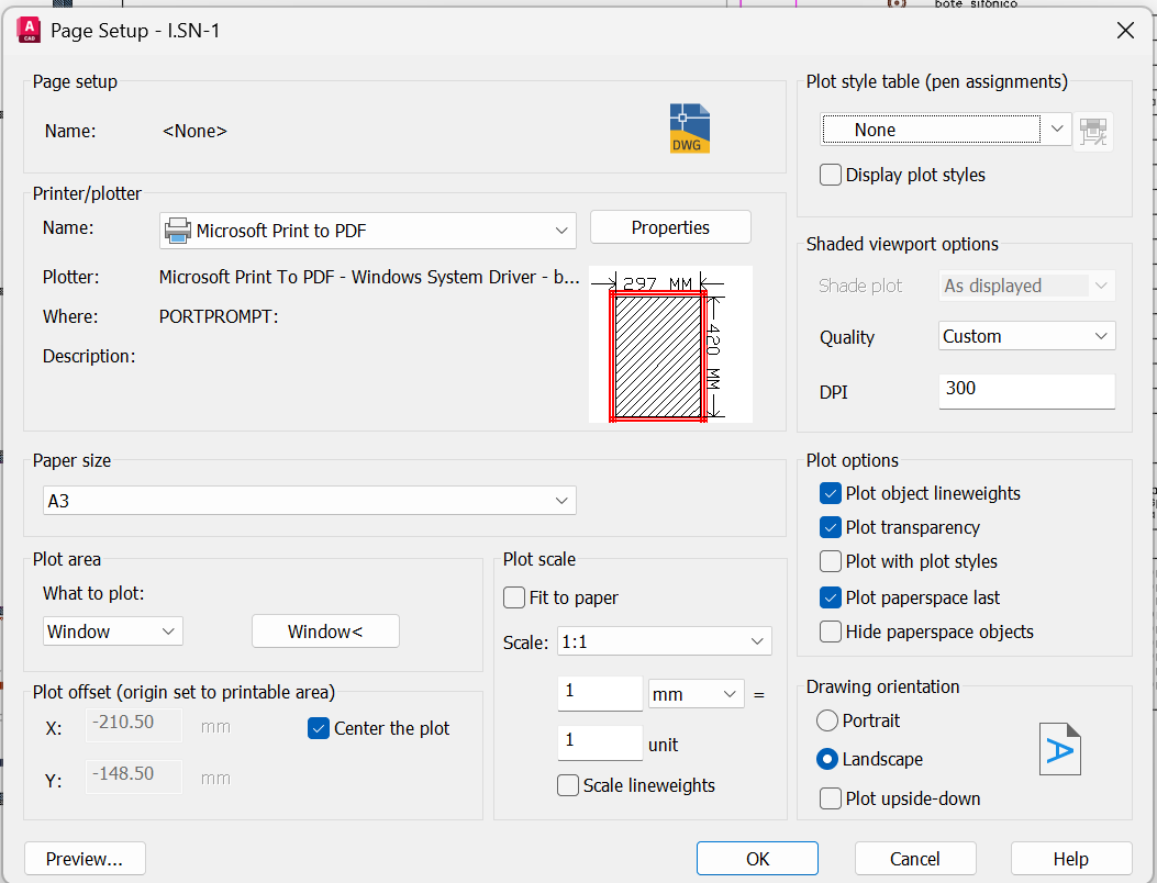 El cuadro Page Setup de AutoCAD: impresora Microsoft Print to PDF,
                tamaño de papel A3, escala 1:1 —1 mm = 1 unidad—, orientación
                horizontal y el dibujo centrado en el espacio papel.