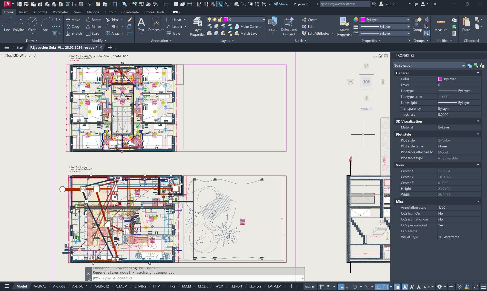 El espacio modelo de AutoCAD en un proyecto de ejecución: dos
                plantas con todas las capas encendidas a la vez —muros, cotas,
                mobiliario, saneamiento, carpintería, textos— superpuestas en
                una maraña de colores.