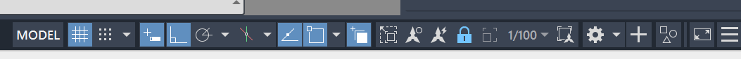 La barra de estado de AutoCAD: el botón MODEL a la izquierda, los
                iconos de rejilla y referencias, el candado de bloquear la ventana
                —encendido, en azul, y señalado con un recuadro amarillo— y al lado
                la escala 1/100.