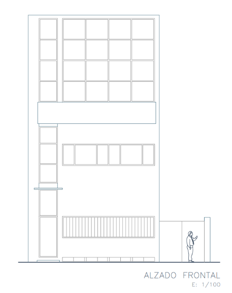 Alzado frontal de la Casa Guiette dibujado a línea en AutoCAD, a
                escala 1:100: el ventanal del estudio arriba, la ventana corrida
                en medio, la persiana de abajo y una figura a escala junto a la
                puerta.
