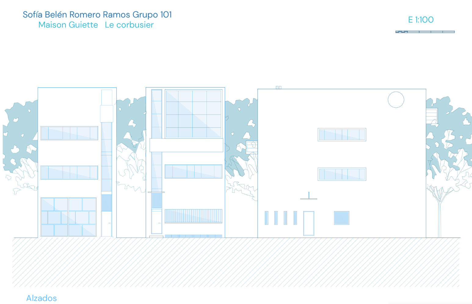 Los tres alzados de la Maison Guiette dibujados en AutoCAD, en
                línea azul sobre blanco: el lateral con sus ventanas corridas, el
                frontal con el ventanal del estudio y la persiana de abajo, y la
                medianera con el ojo de buey; detrás, los árboles, y debajo el
                terreno rayado. Escala 1:100.