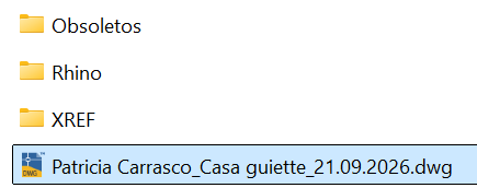Una carpeta de trabajo en el explorador de Windows: las carpetas
                Obsoletos, Rhino y XREF, y el archivo Patricia Carrasco_Casa
                guiette_21.09.2026.dwg.