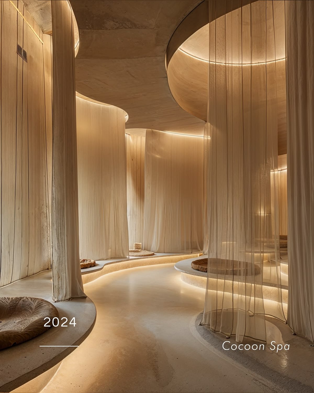La imagen final del espacio: cortinas de gasa colgadas en
                cilindros, luz cálida escondida en el techo y en los bancos
                curvos, suelo continuo de color arena; abajo, el rótulo Cocoon
                Spa 2024.