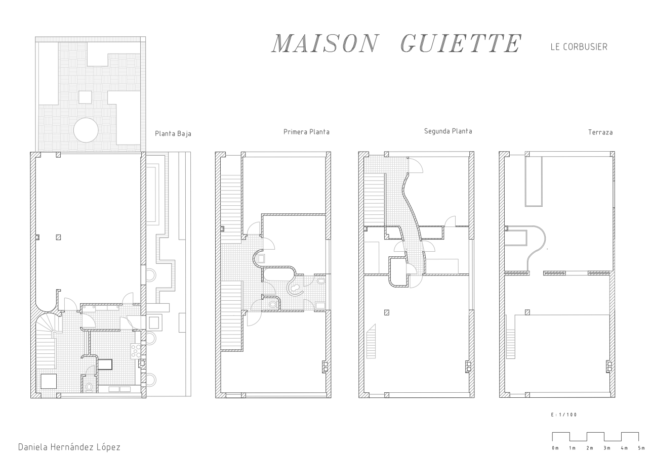 Lámina de Daniela Hernández López: las cuatro plantas de la Maison
                Guiette a 1:100 —baja con el jardín, primera, segunda y terraza—,
                con los muros cortados rayados, los pavimentos con una trama fina
                y la escala gráfica abajo a la derecha.