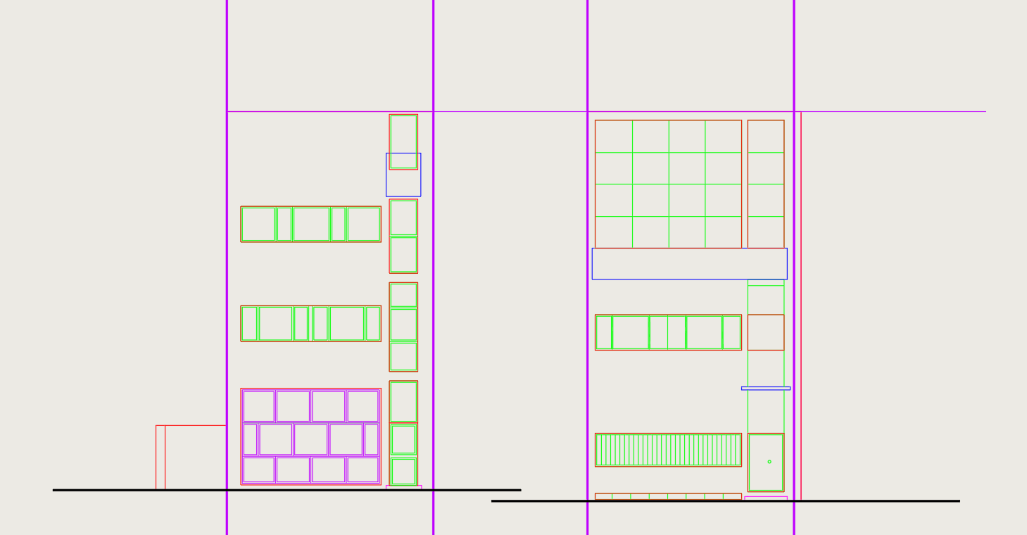 Dos alzados de la Casa Guiette dibujados a línea en AutoCAD: el de
                la izquierda con sus ventanas corridas y una persiana de despiece
                abajo, el de la derecha con el ventanal del estudio. Cada elemento
                está de un color distinto —verde, rojo, azul, magenta—, unas
                líneas magenta de referencia atraviesan el dibujo de arriba abajo
                y de lado a lado, y las dos líneas de terreno están a alturas
                distintas.