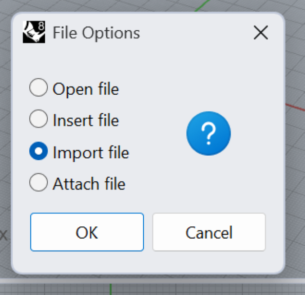 Cuadro «File Options» de Rhino sobre la vista en perspectiva, con
                  cuatro opciones —Open file, Insert file, Import file y Attach
                  file— y la tercera, Import file, marcada. Abajo, los botones OK
                  y Cancel.