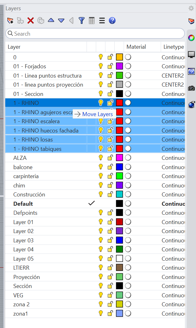 El mismo panel de capas con seis capas seleccionadas en azul
                  —1 - RHINO y las cinco que empiezan igual: agujeros escalera,
                  escalera, huecos fachada, losas y tabiques— y, encima de ellas,
                  el rótulo «Move Layers» que aparece mientras se arrastran.