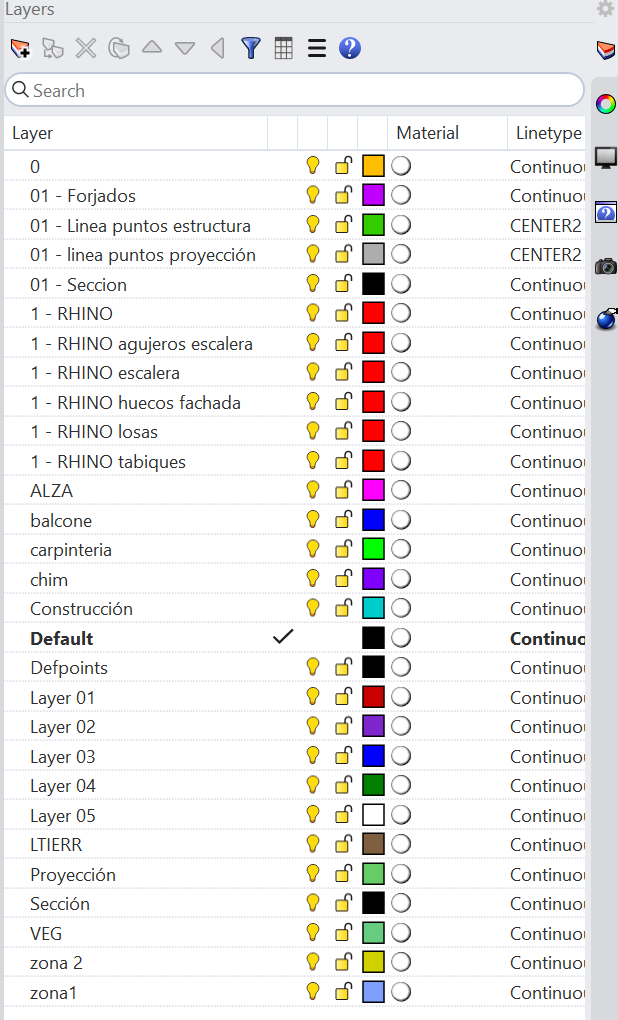 El panel de capas de Rhino después de importar el DWG: una lista
                  larga y plana de casi treinta capas seguidas —0, 01 - Forjados,
                  01 - Línea puntos estructura, 01 - Sección, 1 - RHINO y sus
                  variantes, ALZA, balcone, carpintería, Construcción, Default,
                  Defpoints, Layer 01 a Layer 05, Proyección, Sección, VEG, zona 1
                  y zona 2—, cada una con su bombilla, su candado y su color.