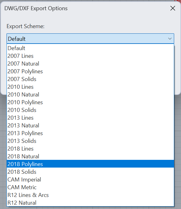El cuadro «DWG/DXF Export Options» de Rhino con la lista de
                esquemas desplegada: Default y, para cada versión de AutoCAD
                —2007, 2010, 2013 y 2018—, las variantes Lines, Natural,
                Polylines y Solids; después CAM Imperial, CAM Metric, R12 Lines
                & Arcs y R12 Natural. «2018 Polylines» está resaltado en
                azul.