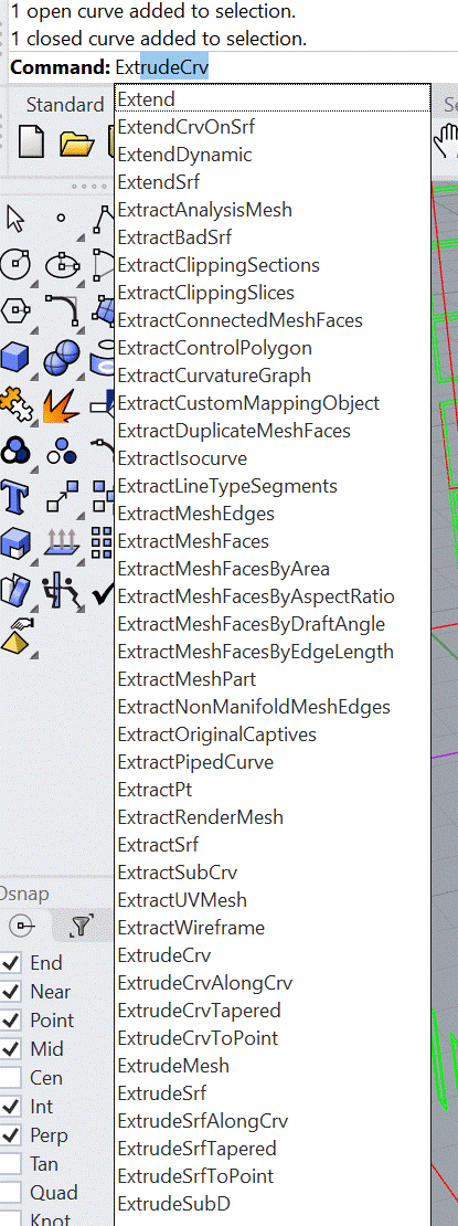 La línea de órdenes de Rhino: arriba, «1 open curve added to
                selection» y «1 closed curve added to selection»; debajo,
                «Command: ExtrudeCrv» y la lista de órdenes que Rhino va
                completando, con ExtrudeCrv, ExtrudeCrvAlongCrv,
                ExtrudeCrvTapered, ExtrudeCrvToPoint, ExtrudeMesh y ExtrudeSrf
                entre muchas otras.