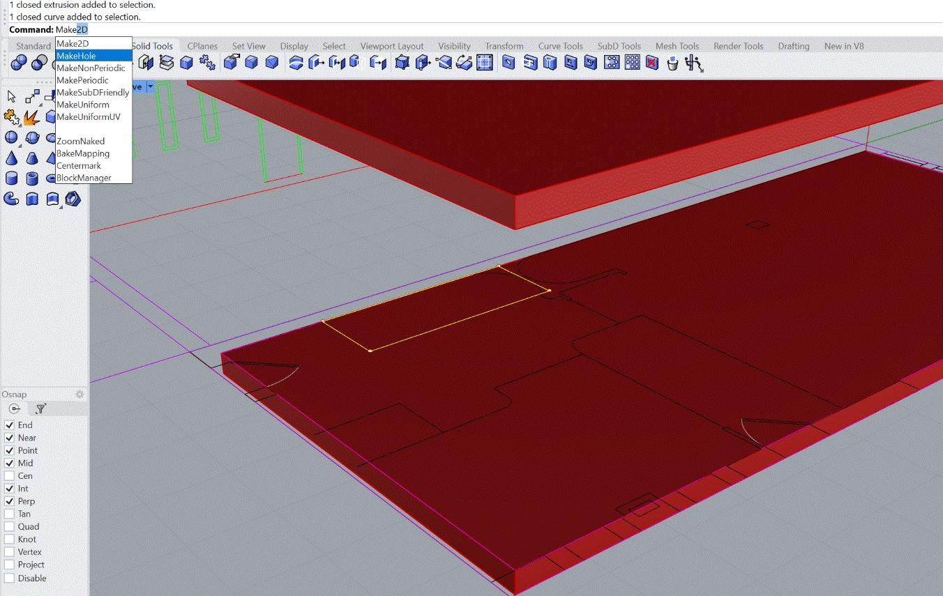La perspectiva de Rhino con dos forjados rojos y, sobre el de
                abajo, un rectángulo amarillo cerrado dibujado encima: el hueco
                de la escalera. Arriba a la izquierda, la línea de órdenes dice
                «1 closed extrusion added to selection» y «1 closed curve added
                to selection», y en el desplegable aparecen Make2D y MakeHole,
                esta última resaltada.
