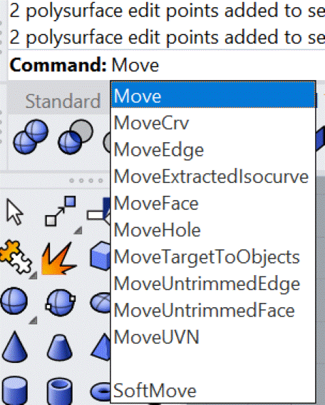 La línea de órdenes de Rhino con dos renglones que dicen «2
                  polysurface edit points added to selection», debajo «Command:
                  Move», y desplegada la lista de órdenes que empiezan igual:
                  Move —resaltada en azul—, MoveCrv, MoveEdge,
                  MoveExtractedIsocurve, MoveFace, MoveHole, MoveTargetToObjects,
                  MoveUntrimmedEdge, MoveUntrimmedFace, MoveUVN y SoftMove.