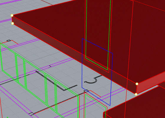 Detalle de la perspectiva: la esquina de un forjado rojo con
                  puntos amarillos encendidos en sus vértices, y al fondo las
                  líneas verdes, azules y magentas del dibujo importado.