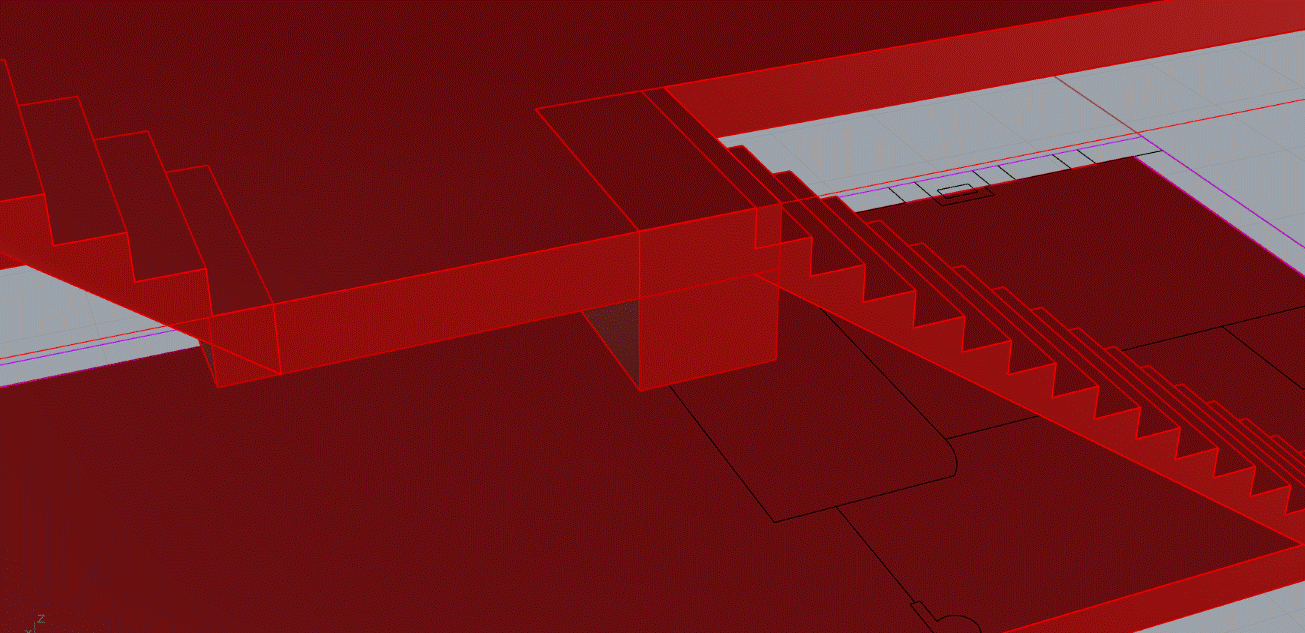 Detalle en perspectiva del encuentro de la escalera con el
                forjado, todo en rojo translúcido: los peldaños bajando en zigzag
                a la derecha, la losa del forjado cruzando, y entre las dos un
                prisma dibujado a propósito, con sus aristas marcadas, que
                resuelve el encuentro.