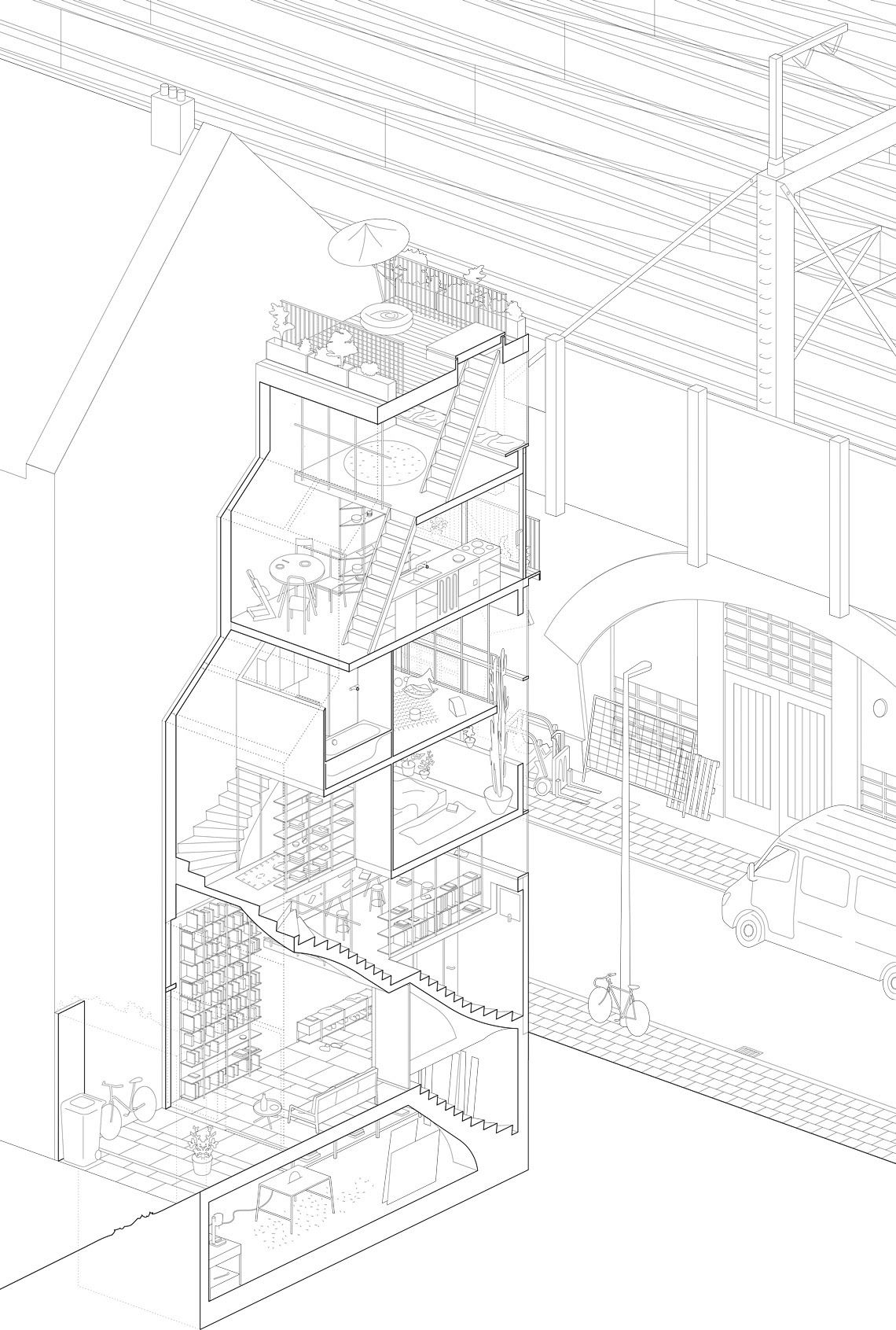 Isométrica de una casa estrecha entre medianeras, cortada para
                    ver dentro: cinco plantas apiladas con la escalera subiendo, la
                    terraza arriba y la calle con una furgoneta y una bicicleta.