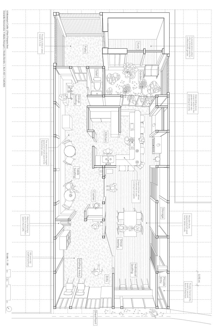 Planta fugada de una cafetería, dibujada a línea: la planta
                    vista desde arriba con fuga, con las mesas, la cocina abierta,
                    el patio y la gente sentada, y las notas de lo que pasa en cada
                    zona.