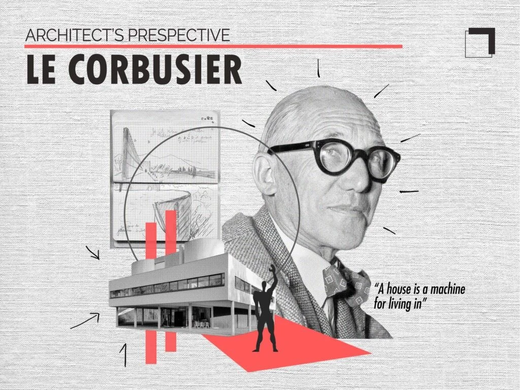 Collage sobre Le Corbusier, en blanco y negro con manchas rojas:
              su retrato con las gafas redondas, la Villa Savoye, la silueta
              negra del Modulor sobre un triángulo rojo, unos bocetos de su
              cuaderno y la frase «A house is a machine for living in».