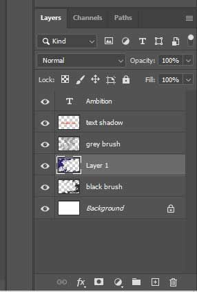 El panel Capas de Photoshop con seis capas apiladas: un texto,
                  su sombra, un pincel gris, una capa de imagen, un pincel negro
                  y, abajo, el fondo, bloqueado con un candado.