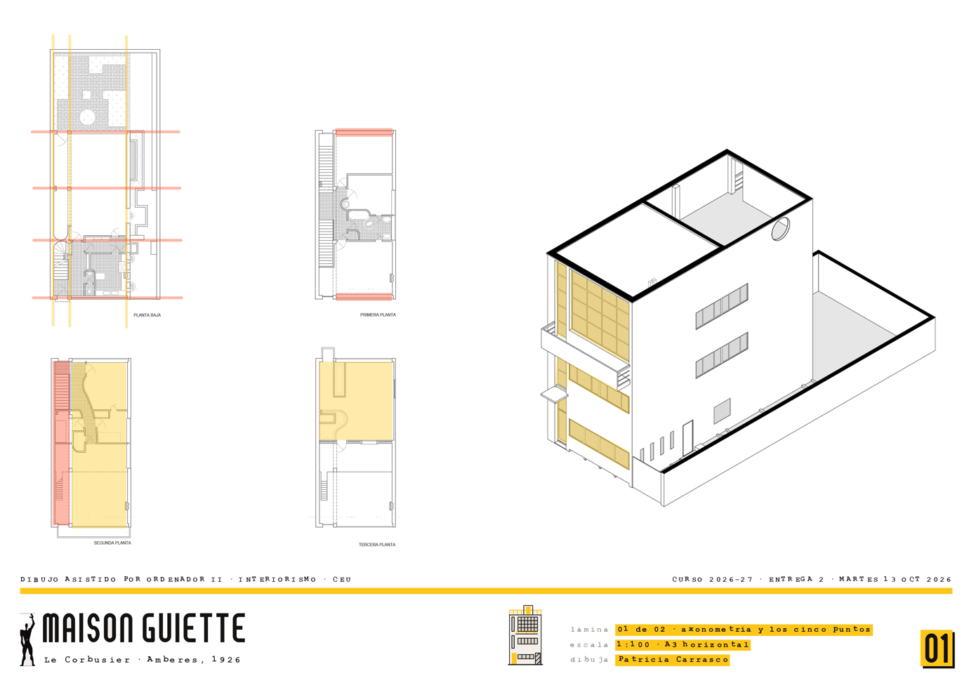 Lámina A3 de la Maison Guiette: las cuatro plantas a la
                izquierda, con zonas en amarillo y rojo, y a la derecha la
                axonometría de la casa con los vidrios en amarillo. Abajo, el
                cajetín: Maison Guiette, Le Corbusier, Amberes 1926; lámina 01 de
                02, axonometría y los cinco puntos; escala 1:100, A3 horizontal;
                dibuja Patricia Carrasco.