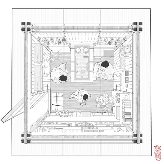 Planta fugada de una habitación cúbica vista desde arriba: las paredes se abren hacia los bordes, y dentro, una cocina, estanterías, una mesa y tres personas.